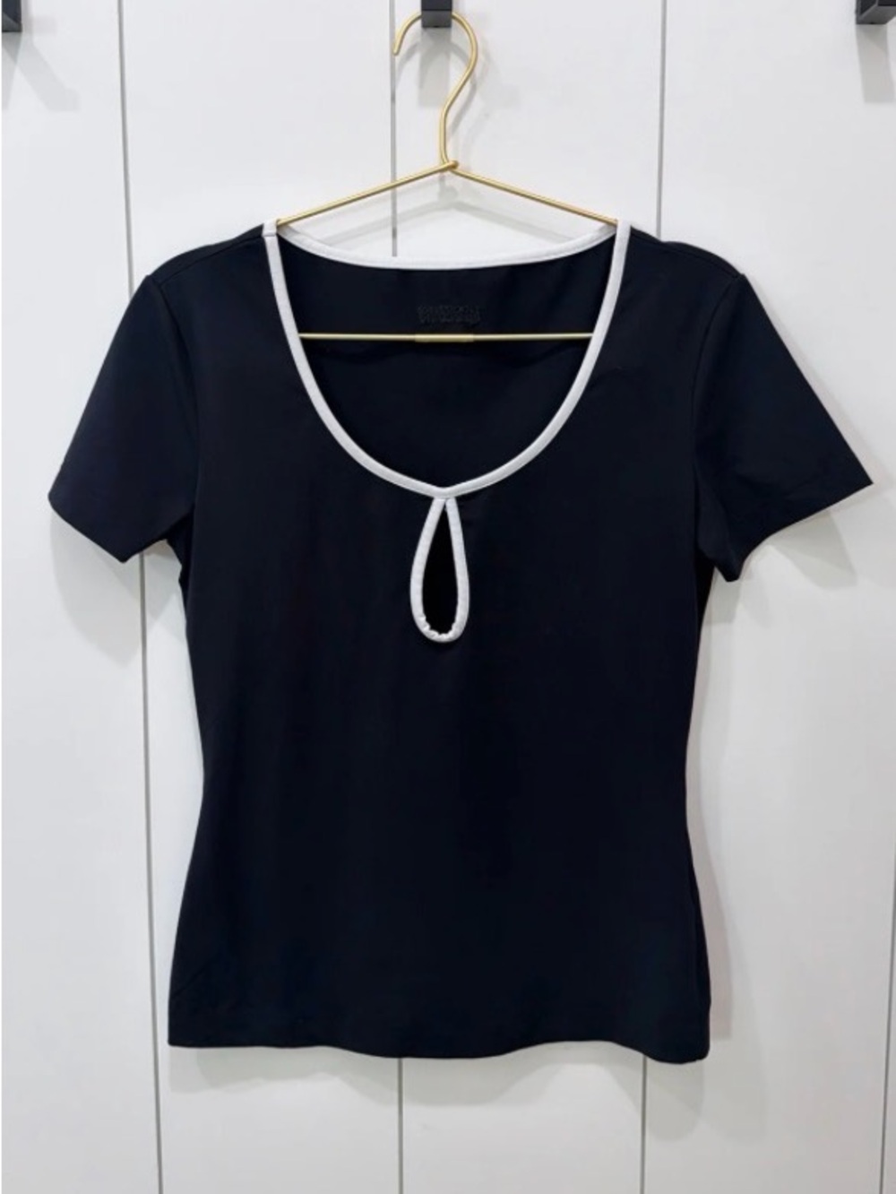 Moschino Black Short-Sleeve Scoop Neck Top with White Trim